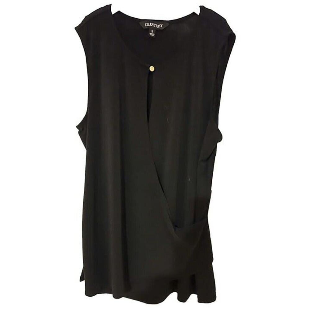 Ellen Tracy Black Sleeveless Blouse Women's Small Gold Button Draped Top NWT